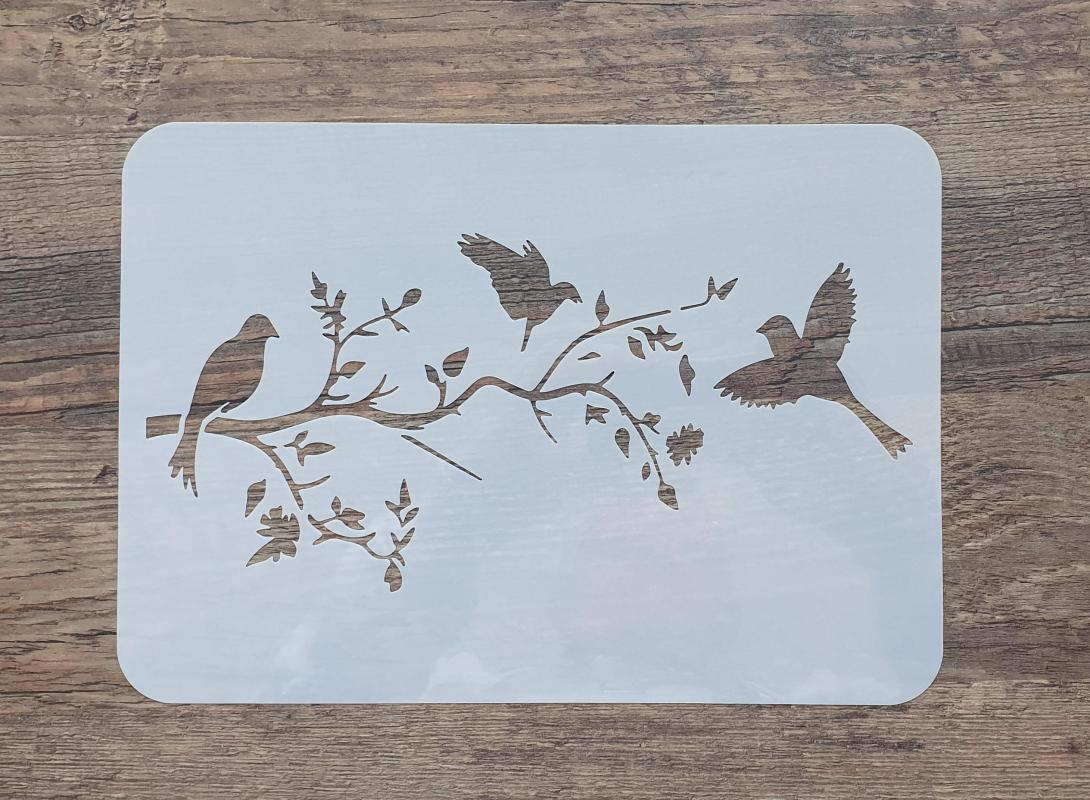 Schablone mit herbstlichem Zweig und Vögeln DIN A 4